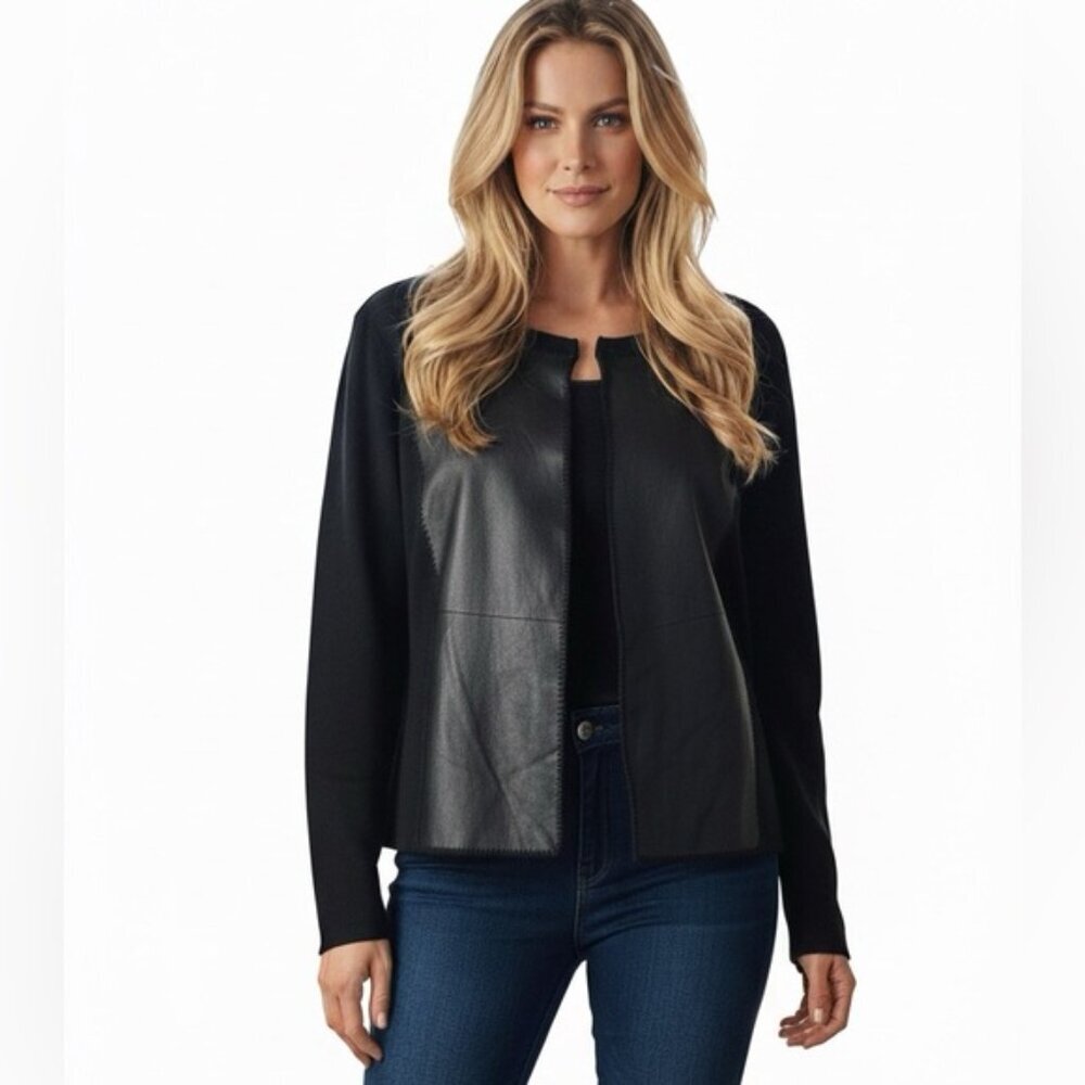 Anne Klein Vintage Y2K Wool Leather Cardigan Sweater Jacket Top Soft Black XL